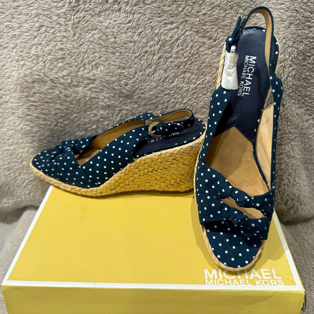 Michael Kors Cabana Sling Polka Dot Espadrille Sandal in Navy U.S 8.5 NEVER WORN